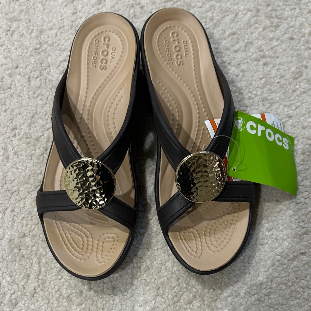 CROCS Women's Sandals in Brown with Gold Detail